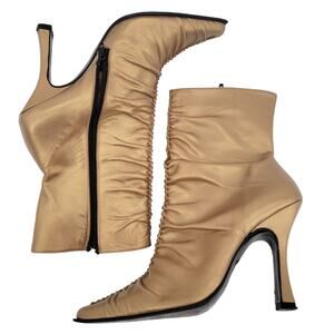bebe Size 6.5 Slouchy Boots Gold Pointed Snip Toe High Heels Womens Mid Calf